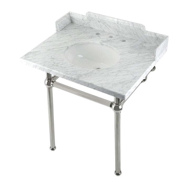 Kingston Heirloom LMS30MB6 - Pemberton 30-Inch Carrara Marble Console Sink with Brass Legs (8-Inch, 3-Hole), Carrara Marble White/Polished Nickel