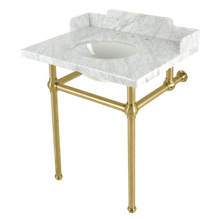 Kingston Heirloom LMS30MB7 - Pemberton 30-Inch Carrara Marble Console Sink with Brass Legs (8-Inch, 3-Hole), Carrara Marble White/Brushed Brass