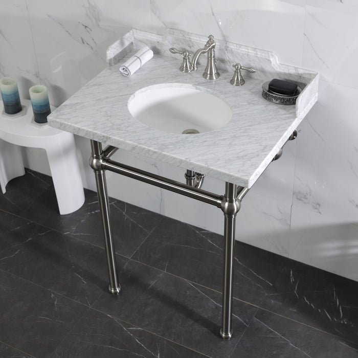 Pemberton LMS30MB8 30-Inch Carrara Marble Console Sink with Brass Legs (8-Inch, 3-Hole), Carrara Marble White/Brushed Nickel