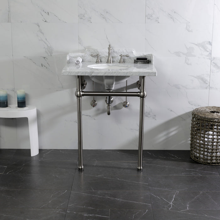 Pemberton LMS30MB8 30-Inch Carrara Marble Console Sink with Brass Legs (8-Inch, 3-Hole), Carrara Marble White/Brushed Nickel