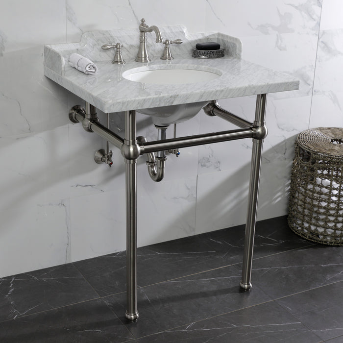 Pemberton LMS30MB8 30-Inch Carrara Marble Console Sink with Brass Legs (8-Inch, 3-Hole), Carrara Marble White/Brushed Nickel