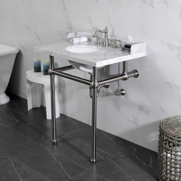 Pemberton LMS30MB8 30-Inch Carrara Marble Console Sink with Brass Legs (8-Inch, 3-Hole), Carrara Marble White/Brushed Nickel