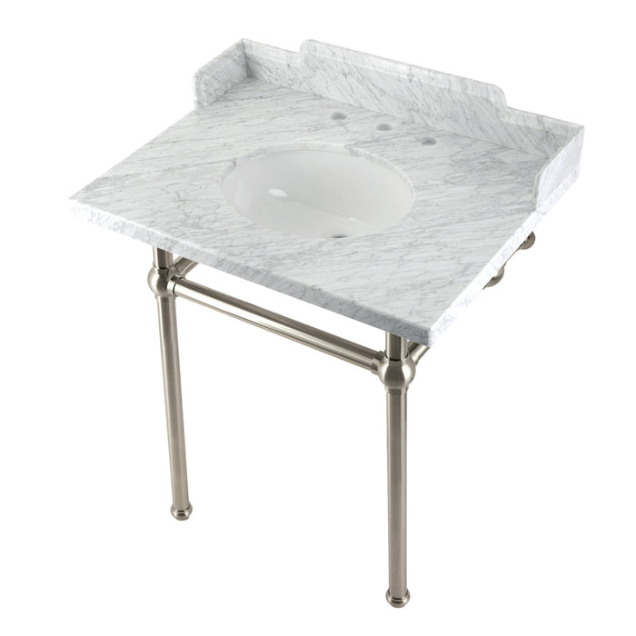 Pemberton LMS30MB8 30-Inch Carrara Marble Console Sink with Brass Legs (8-Inch, 3-Hole), Carrara Marble White/Brushed Nickel