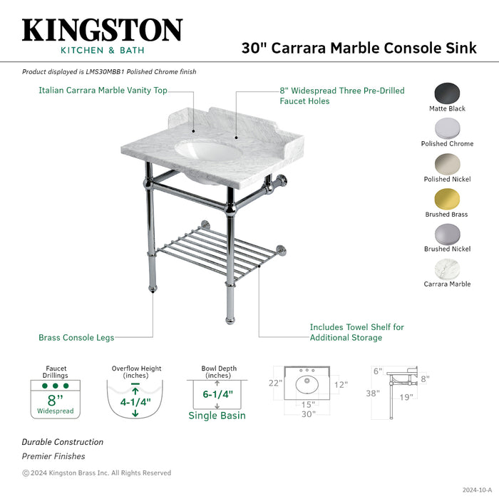 Kingston Heirloom LMS30MBB6 - Pemberton 30-Inch Carrara Marble Console Sink with Brass Legs and Shelf (8-Inch, 3-Hole), Carrara Marble White/Polished Nickel