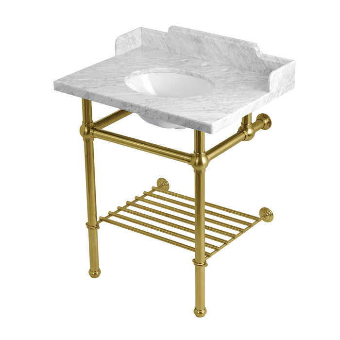 Kingston Heirloom LMS30MBB7 - Pemberton 30-Inch Carrara Marble Console Sink with Brass Legs and Shelf (8-Inch, 3-Hole), Carrara Marble White/Brushed Brass