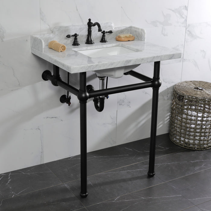 Pemberton LMS30MBSQ0 30-Inch Carrara Marble Console Sink with Brass Legs (8-Inch, 3-Hole), Carrara Marble White/Matte Black