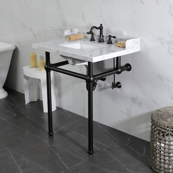 Pemberton LMS30MBSQ0 30-Inch Carrara Marble Console Sink with Brass Legs (8-Inch, 3-Hole), Carrara Marble White/Matte Black