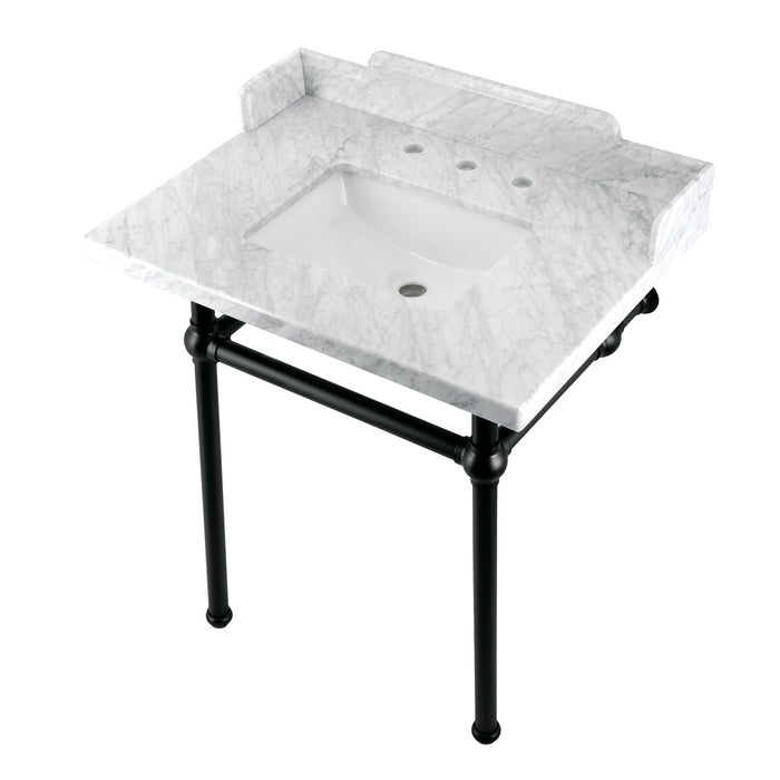 Pemberton LMS30MBSQ0 30-Inch Carrara Marble Console Sink with Brass Legs (8-Inch, 3-Hole), Carrara Marble White/Matte Black