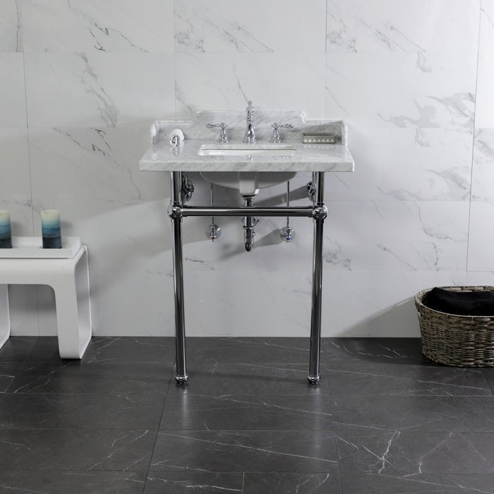 Kingston Heirloom LMS30MBSQ1 - Pemberton 30-Inch Carrara Marble Console Sink with Brass Legs (8-Inch, 3-Hole), Carrara Marble White/Polished Chrome