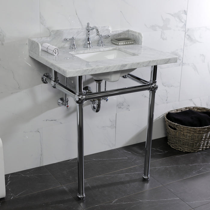 Kingston Heirloom LMS30MBSQ1 - Pemberton 30-Inch Carrara Marble Console Sink with Brass Legs (8-Inch, 3-Hole), Carrara Marble White/Polished Chrome