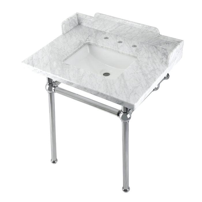 Kingston Heirloom LMS30MBSQ1 - Pemberton 30-Inch Carrara Marble Console Sink with Brass Legs (8-Inch, 3-Hole), Carrara Marble White/Polished Chrome