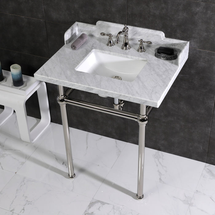 Pemberton LMS30MBSQ6 30-Inch Carrara Marble Console Sink with Brass Legs (8-Inch, 3-Hole), Carrara Marble White/Polished Nickel