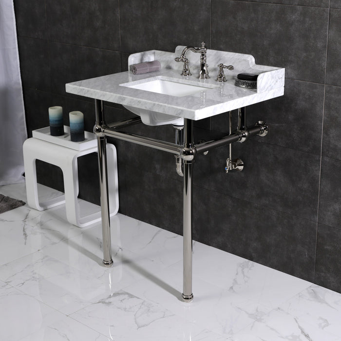 Pemberton LMS30MBSQ6 30-Inch Carrara Marble Console Sink with Brass Legs (8-Inch, 3-Hole), Carrara Marble White/Polished Nickel