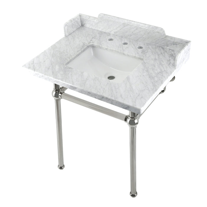 Pemberton LMS30MBSQ6 30-Inch Carrara Marble Console Sink with Brass Legs (8-Inch, 3-Hole), Carrara Marble White/Polished Nickel