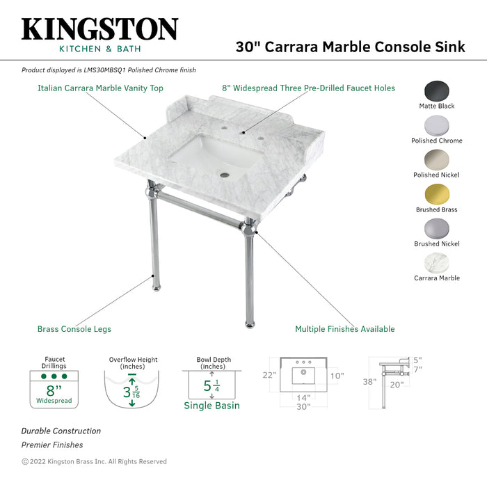 Kingston Heirloom LMS30MBSQ8 - Pemberton 30-Inch Carrara Marble Console Sink with Brass Legs (8-Inch, 3-Hole), Carrara Marble White/Brushed Nickel