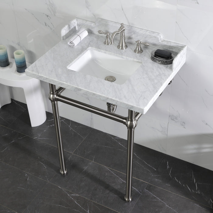 Kingston Heirloom LMS30MBSQ8 - Pemberton 30-Inch Carrara Marble Console Sink with Brass Legs (8-Inch, 3-Hole), Carrara Marble White/Brushed Nickel