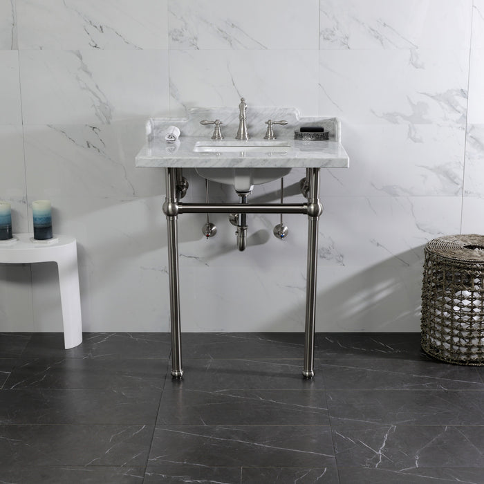 Kingston Heirloom LMS30MBSQ8 - Pemberton 30-Inch Carrara Marble Console Sink with Brass Legs (8-Inch, 3-Hole), Carrara Marble White/Brushed Nickel
