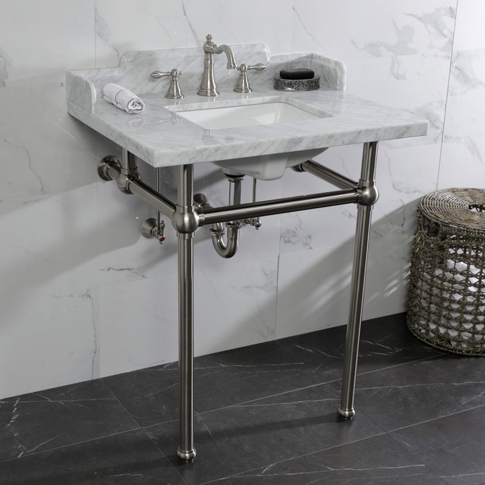 Kingston Heirloom LMS30MBSQ8 - Pemberton 30-Inch Carrara Marble Console Sink with Brass Legs (8-Inch, 3-Hole), Carrara Marble White/Brushed Nickel