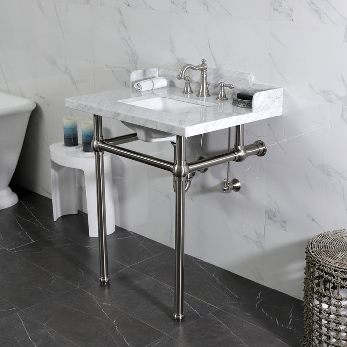 Kingston Heirloom LMS30MBSQ8 - Pemberton 30-Inch Carrara Marble Console Sink with Brass Legs (8-Inch, 3-Hole), Carrara Marble White/Brushed Nickel
