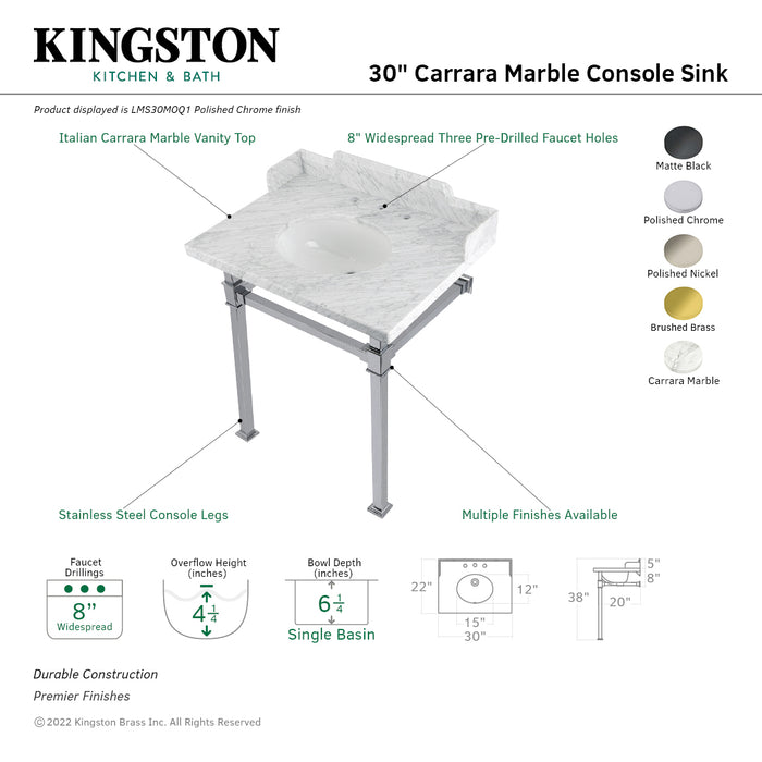 Kingston Sona LMS30MOQ0 - Viceroy 30-Inch Carrara Marble Console Sink with Stainless Steel Legs (8-Inch, 3-Hole), Carrara Marble White/Matte Black