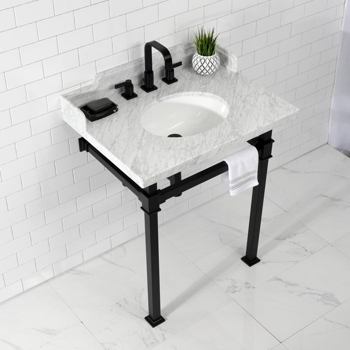 Kingston Sona LMS30MOQ0 - Viceroy 30-Inch Carrara Marble Console Sink with Stainless Steel Legs (8-Inch, 3-Hole), Carrara Marble White/Matte Black