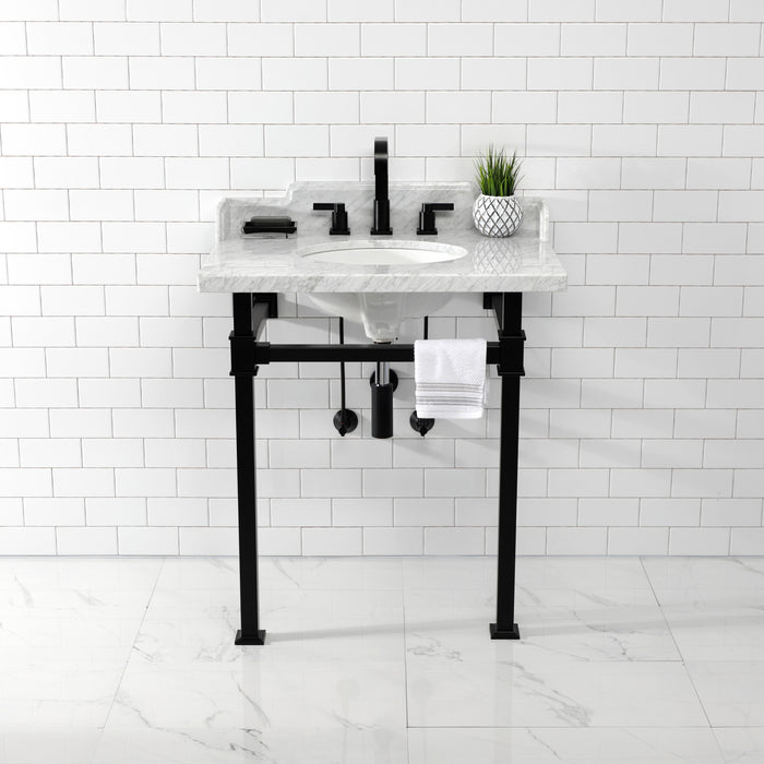 Kingston Sona LMS30MOQ0 - Viceroy 30-Inch Carrara Marble Console Sink with Stainless Steel Legs (8-Inch, 3-Hole), Carrara Marble White/Matte Black