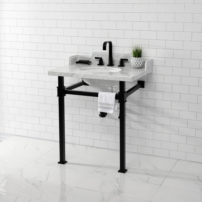 Kingston Sona LMS30MOQ0 - Viceroy 30-Inch Carrara Marble Console Sink with Stainless Steel Legs (8-Inch, 3-Hole), Carrara Marble White/Matte Black