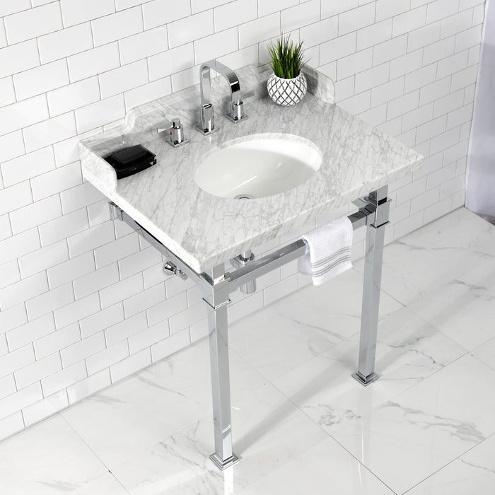 Kingston Sona LMS30MOQ1 - Viceroy 30-Inch Carrara Marble Console Sink with Stainless Steel Legs (8-Inch, 3-Hole), Carrara Marble White/Polished Chrome