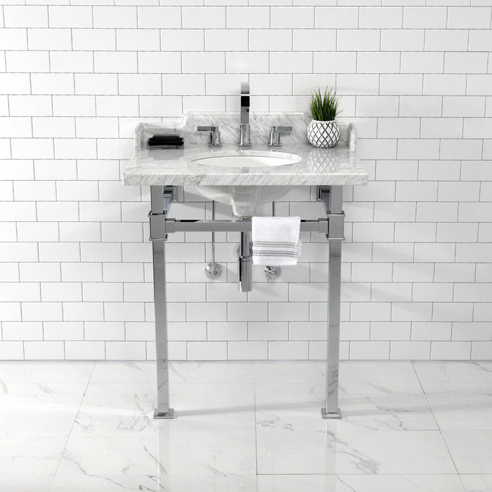 Kingston Sona LMS30MOQ1 - Viceroy 30-Inch Carrara Marble Console Sink with Stainless Steel Legs (8-Inch, 3-Hole), Carrara Marble White/Polished Chrome