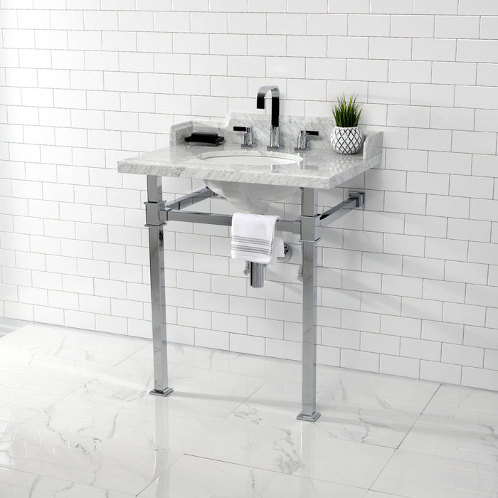Kingston Sona LMS30MOQ1 - Viceroy 30-Inch Carrara Marble Console Sink with Stainless Steel Legs (8-Inch, 3-Hole), Carrara Marble White/Polished Chrome