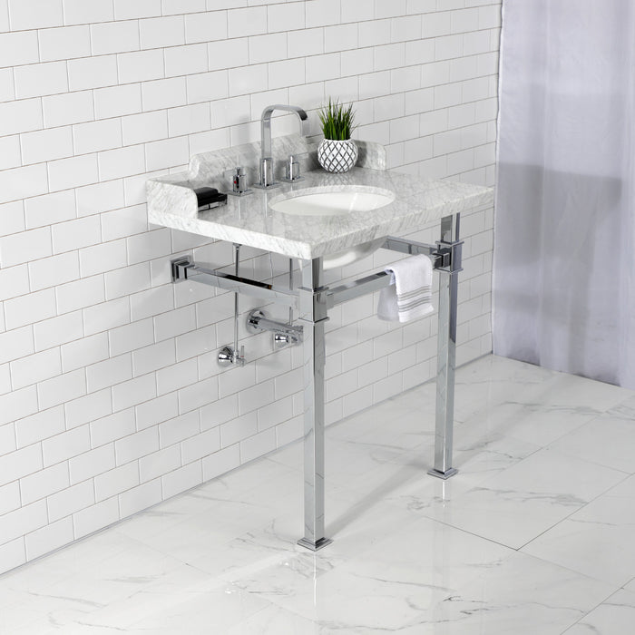 Kingston Sona LMS30MOQ1 - Viceroy 30-Inch Carrara Marble Console Sink with Stainless Steel Legs (8-Inch, 3-Hole), Carrara Marble White/Polished Chrome