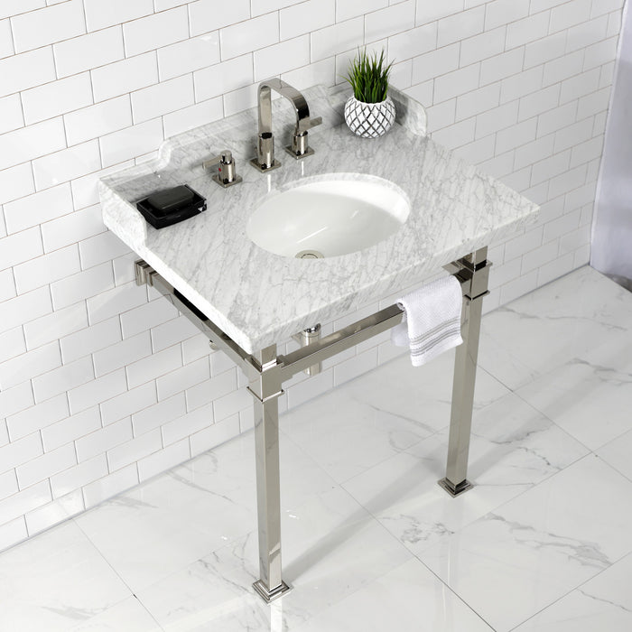 Kingston Sona LMS30MOQ6 - Viceroy 30-Inch Carrara Marble Console Sink with Stainless Steel Legs (8-Inch, 3-Hole), Carrara Marble White/Polished Nickel