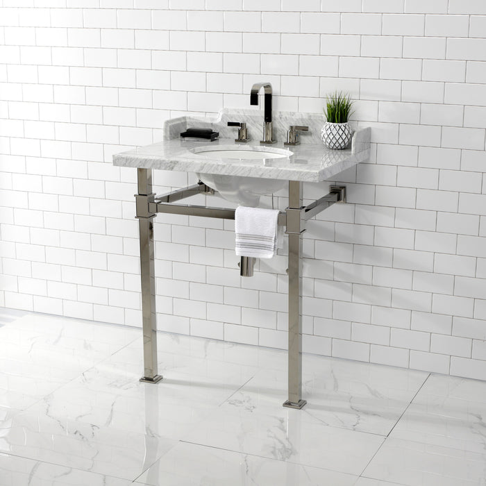 Kingston Sona LMS30MOQ6 - Viceroy 30-Inch Carrara Marble Console Sink with Stainless Steel Legs (8-Inch, 3-Hole), Carrara Marble White/Polished Nickel