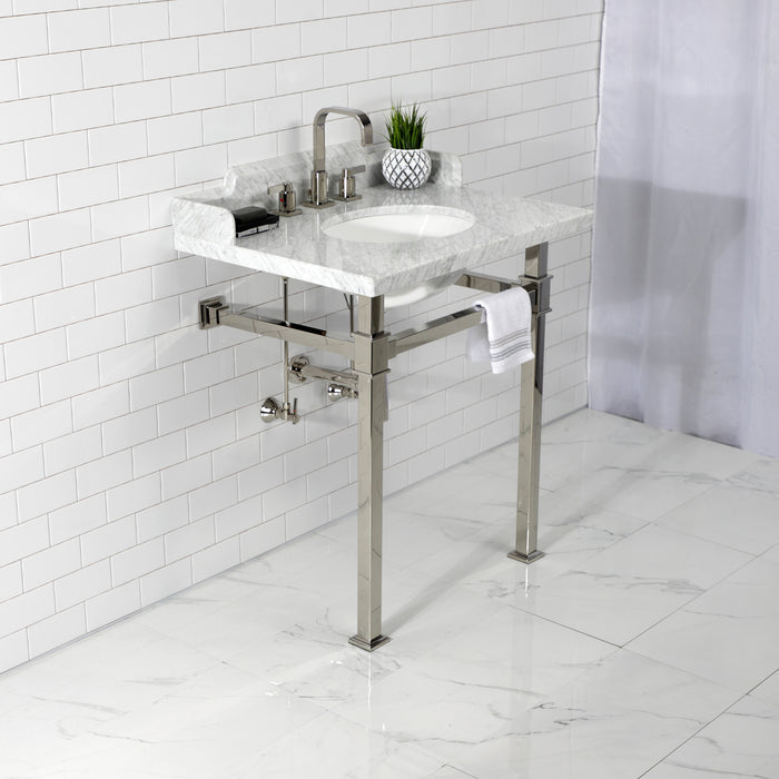 Kingston Sona LMS30MOQ6 - Viceroy 30-Inch Carrara Marble Console Sink with Stainless Steel Legs (8-Inch, 3-Hole), Carrara Marble White/Polished Nickel