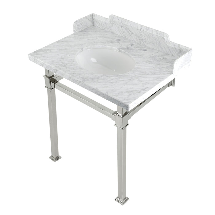 Kingston Sona LMS30MOQ6 - Viceroy 30-Inch Carrara Marble Console Sink with Stainless Steel Legs (8-Inch, 3-Hole), Carrara Marble White/Polished Nickel