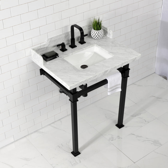 Viceroy LMS30MSQ0 30-Inch Carrara Marble Console Sink with Stainless Steel Legs (8-Inch, 3-Hole), Carrara Marble White/Matte Black