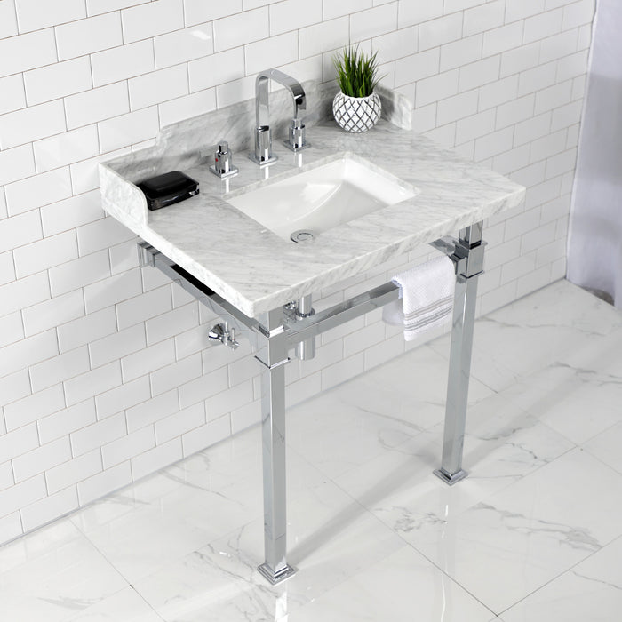 Viceroy LMS30MSQ1 30-Inch Carrara Marble Console Sink with Stainless Steel Legs (8-Inch, 3-Hole), Carrara Marble White/Polished Chrome