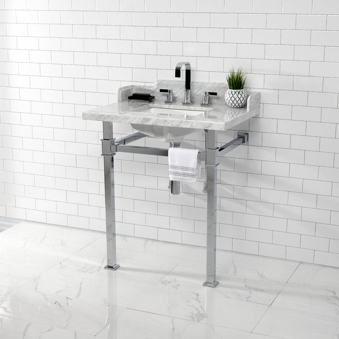Viceroy LMS30MSQ1 30-Inch Carrara Marble Console Sink with Stainless Steel Legs (8-Inch, 3-Hole), Carrara Marble White/Polished Chrome