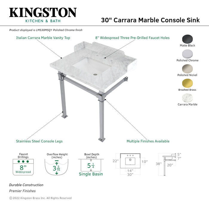 Kingston Sona LMS30MSQ6 - Viceroy 30-Inch Carrara Marble Console Sink with Stainless Steel Legs (8-Inch, 3-Hole), Carrara Marble White/Polished Nickel