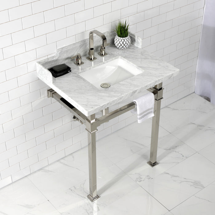 Kingston Sona LMS30MSQ6 - Viceroy 30-Inch Carrara Marble Console Sink with Stainless Steel Legs (8-Inch, 3-Hole), Carrara Marble White/Polished Nickel