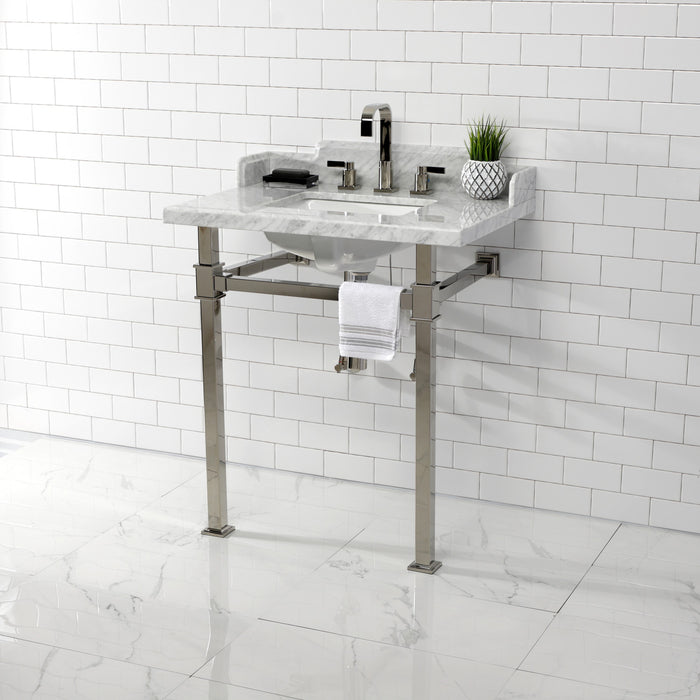 Kingston Sona LMS30MSQ6 - Viceroy 30-Inch Carrara Marble Console Sink with Stainless Steel Legs (8-Inch, 3-Hole), Carrara Marble White/Polished Nickel