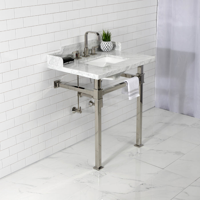 Kingston Sona LMS30MSQ6 - Viceroy 30-Inch Carrara Marble Console Sink with Stainless Steel Legs (8-Inch, 3-Hole), Carrara Marble White/Polished Nickel