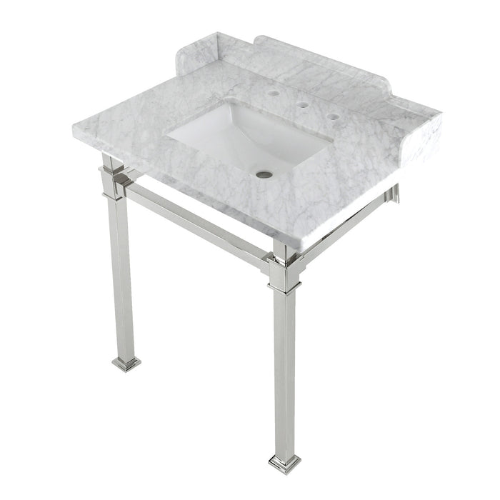 Kingston Sona LMS30MSQ6 - Viceroy 30-Inch Carrara Marble Console Sink with Stainless Steel Legs (8-Inch, 3-Hole), Carrara Marble White/Polished Nickel