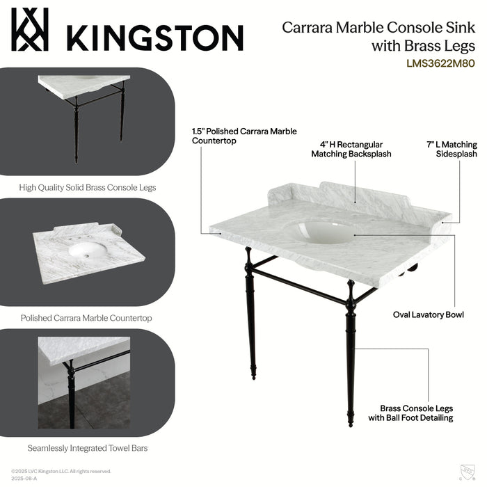 Kingston Heirloom LMS3622M80 - Habsburg 36-Inch Carrara Marble Console Sink with Brass Legs (8-Inch, 3-Hole), Carrara Marble White/Matte Black