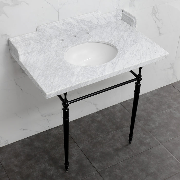 Kingston Heirloom LMS3622M80 - Habsburg 36-Inch Carrara Marble Console Sink with Brass Legs (8-Inch, 3-Hole), Carrara Marble White/Matte Black