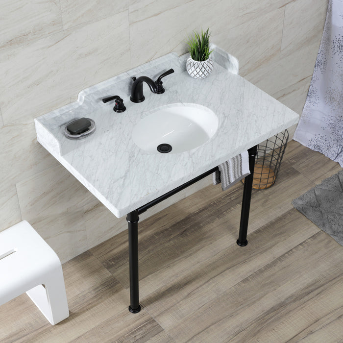 Kingston Tulare LMS3622M80ST - Wesselman 36-Inch Carrara Marble Console Sink with Stainless Steel Legs (8-Inch, 3-Hole), Carrara Marble White/Matte Black