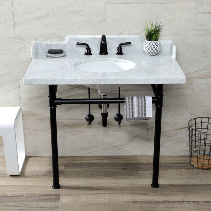 Kingston Tulare LMS3622M80ST - Wesselman 36-Inch Carrara Marble Console Sink with Stainless Steel Legs (8-Inch, 3-Hole), Carrara Marble White/Matte Black
