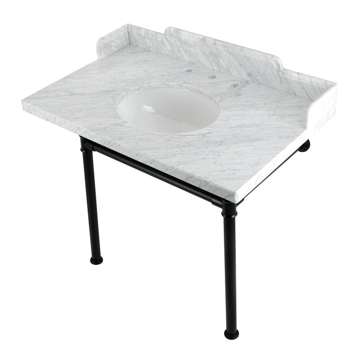Kingston Tulare LMS3622M80ST - Wesselman 36-Inch Carrara Marble Console Sink with Stainless Steel Legs (8-Inch, 3-Hole), Carrara Marble White/Matte Black