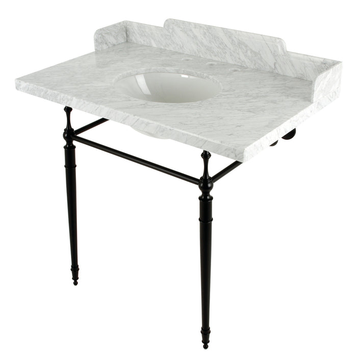 Kingston Heirloom LMS3622M80 - Habsburg 36-Inch Carrara Marble Console Sink with Brass Legs (8-Inch, 3-Hole), Carrara Marble White/Matte Black