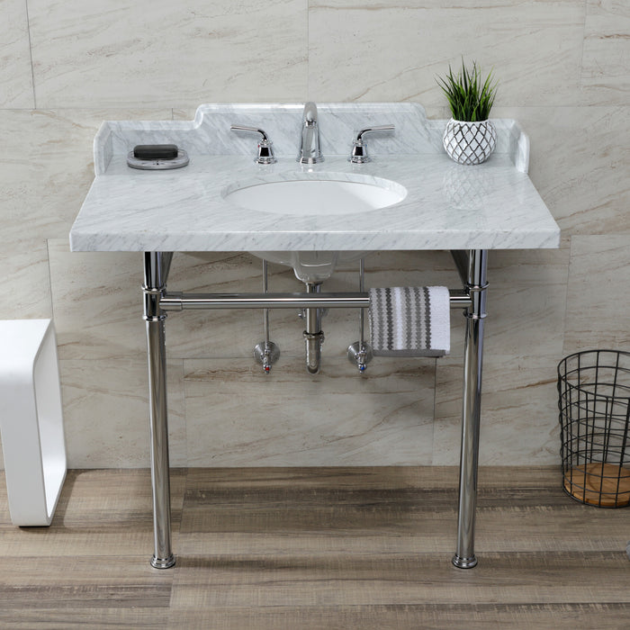 Kingston Tulare LMS3622M81ST - Wesselman 36-Inch Carrara Marble Console Sink with Stainless Steel Legs (8-Inch, 3-Hole), Carrara Marble White/Polished Chrome